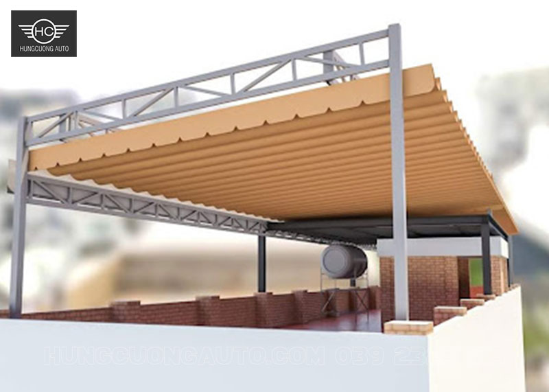 Mái bạt kéo xếp lượn sóng che sân thượng Mái bạt kéo xếp lượn sóng che sân thượng